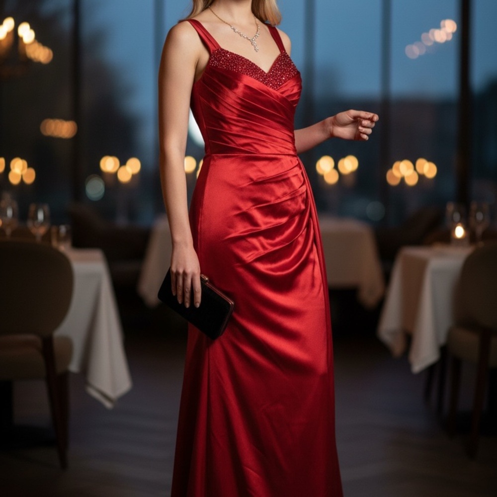 Prom Formal Wedding Ball Gown Size 6 Red Ruched Dress Adorned Bodice Red‎ 876